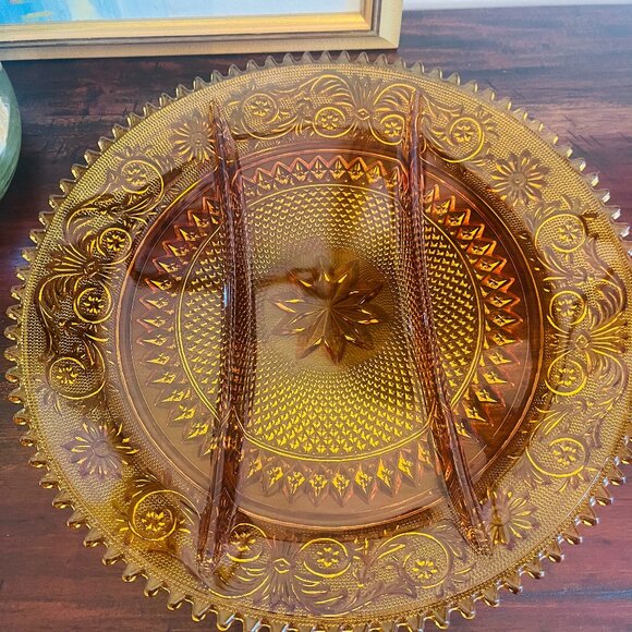 Indiana Amber Tiara Round Glass Divided Serving Platter Sawtooth Edge Vintage  T - Picture 2 of 6